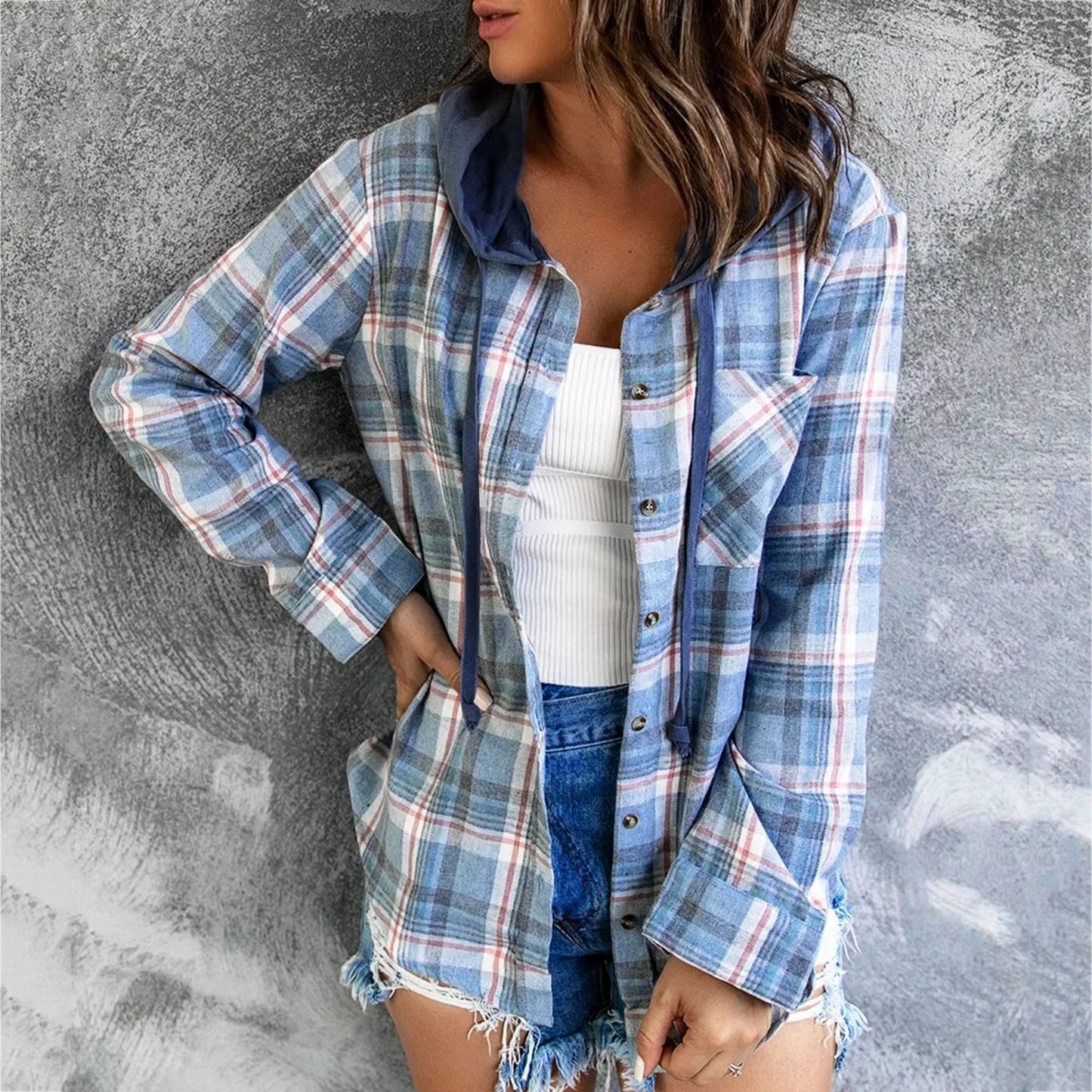 Women Long Sleeve Plaid Shirts Blue Button down Pocket Blouse Tops Retro Casual Drawstring Hooded Shirt Camisas